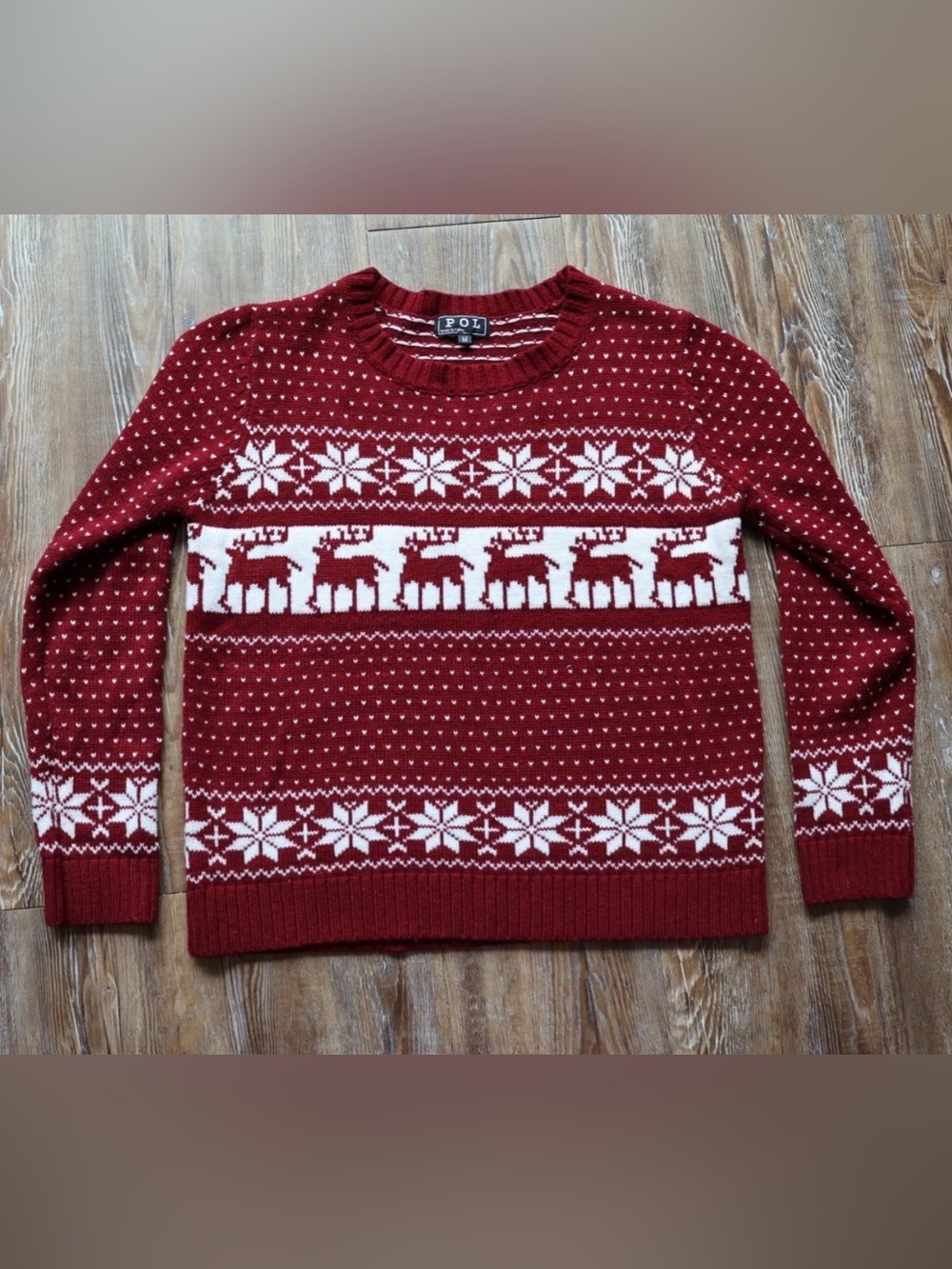 POL Womens Red White Nordic Fair Isle Snowflake Moose Christmas Knit Sweater M